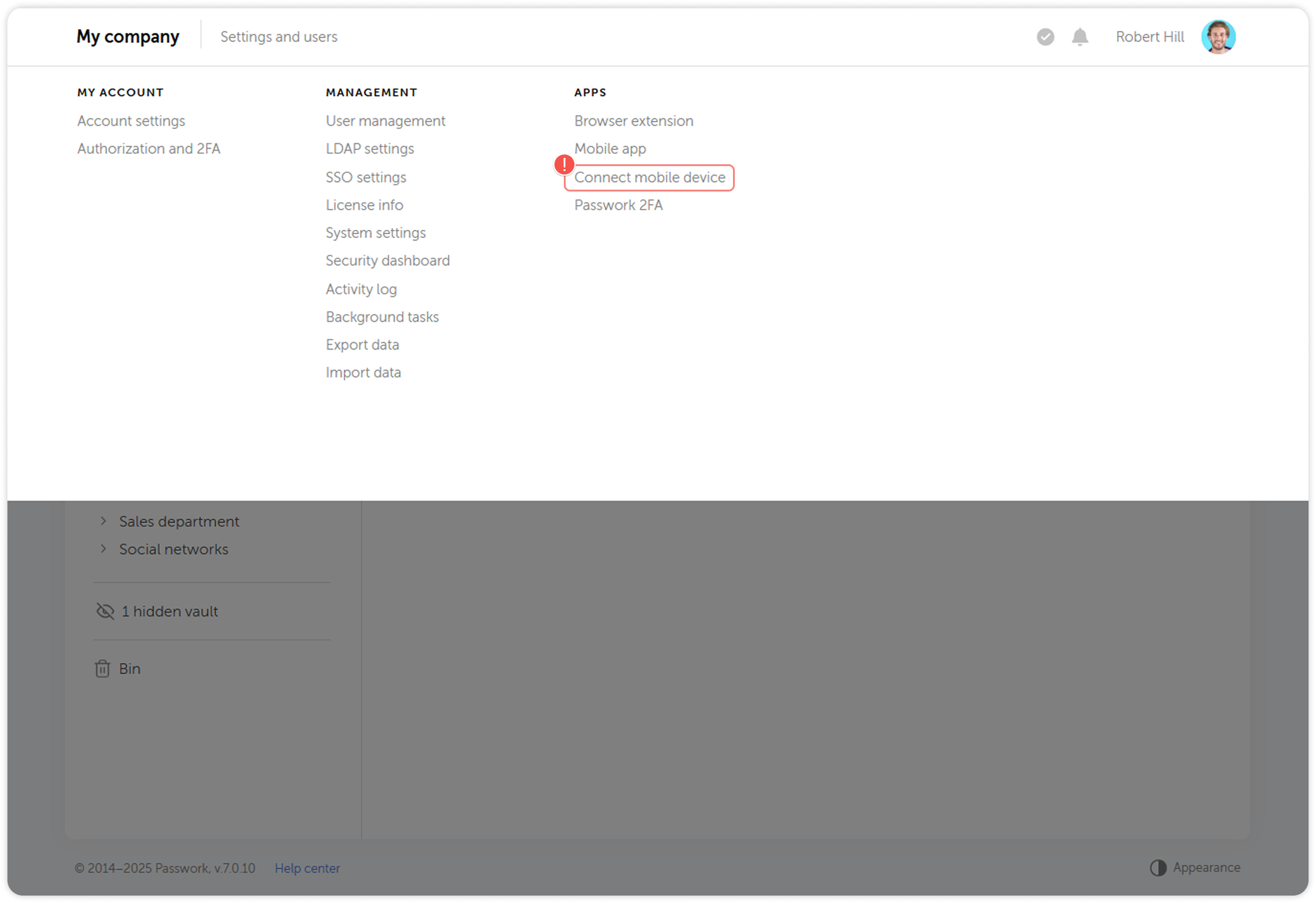Settings and users menu with Connect mobile device option